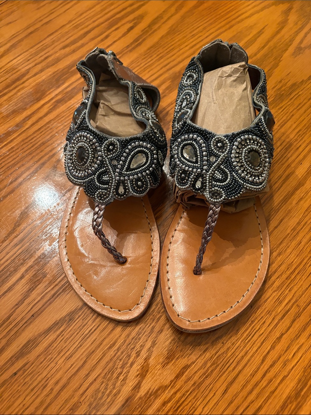 Coconuts  Blue and Silver Beaded T-Strap Sandals with Tan Footbed